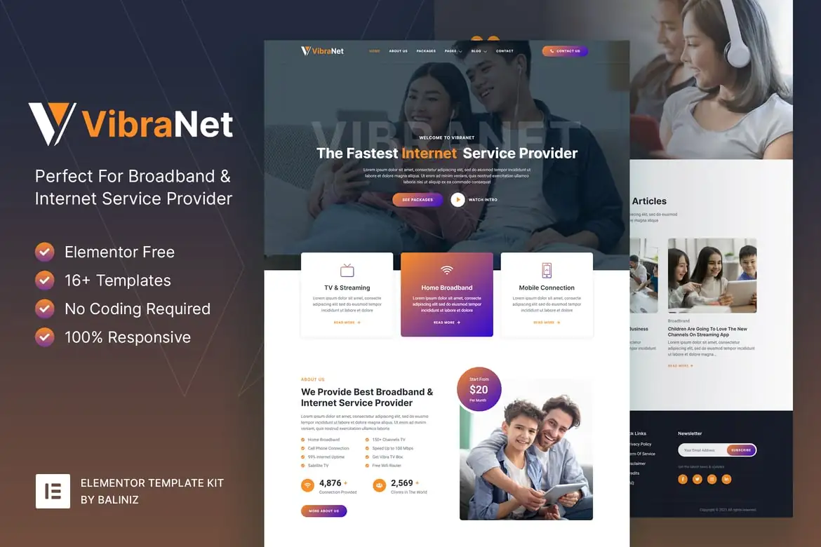 Vibranet ? Template Kit Elementor para proveedores de servicios de Internet y banda ancha