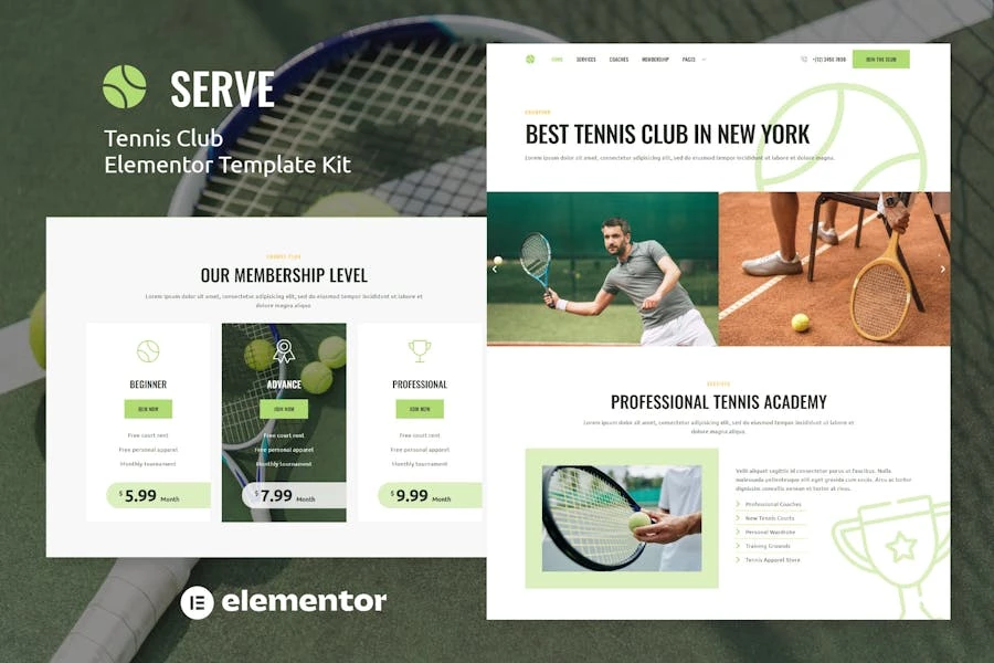 Serve - Template Kit Elementor para escuelas de tenis y clubes deportivos