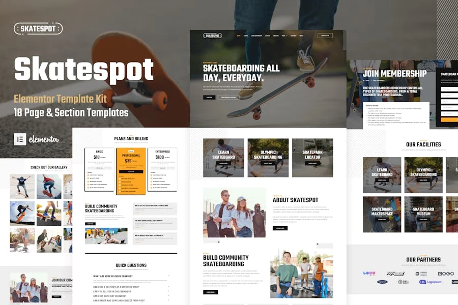 Skatespot - Template Kit Elementor Pro para comunidad de patinetas y parques de patinaje
