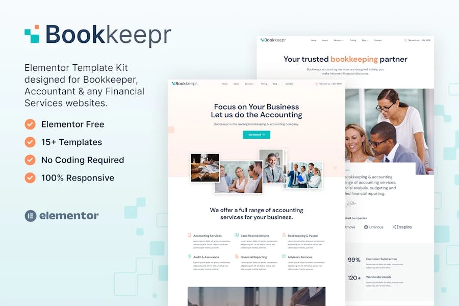 BookKeepr ? Template Kit Elementor para servicios de teneduría de libros y contabilidad