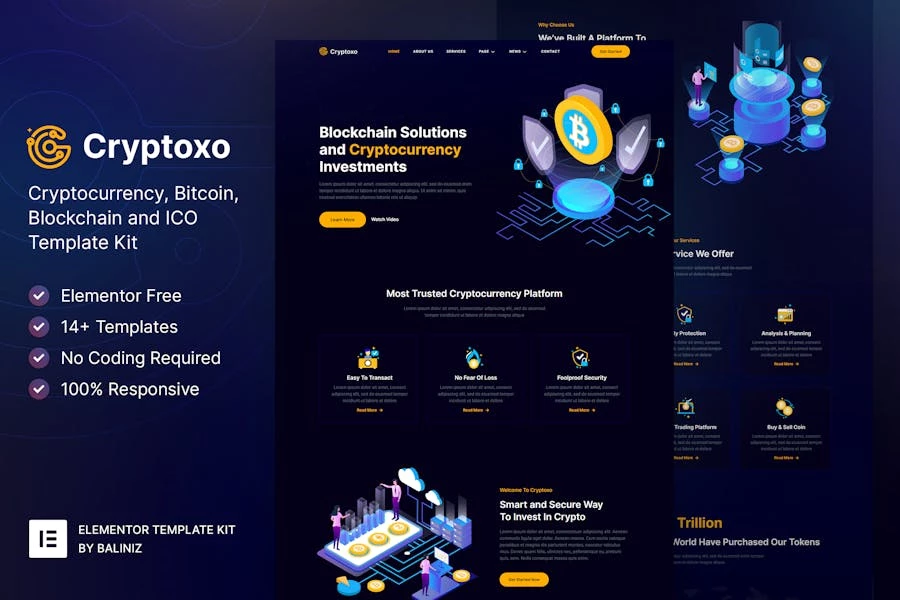 Cryptoxo - Template Kit de blockchain de criptomonedas y Bitcoin Elementor