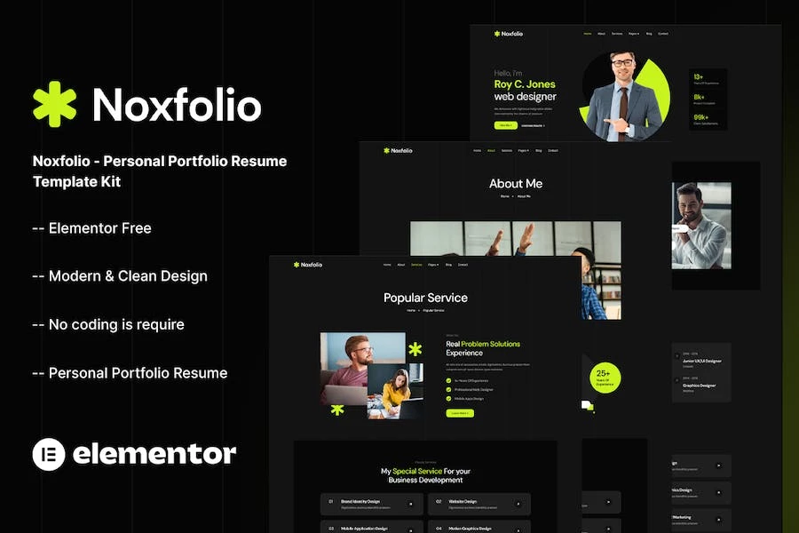 Noxfolio - Kit de plantillas Elementor para currículum vitae para portafolio personal