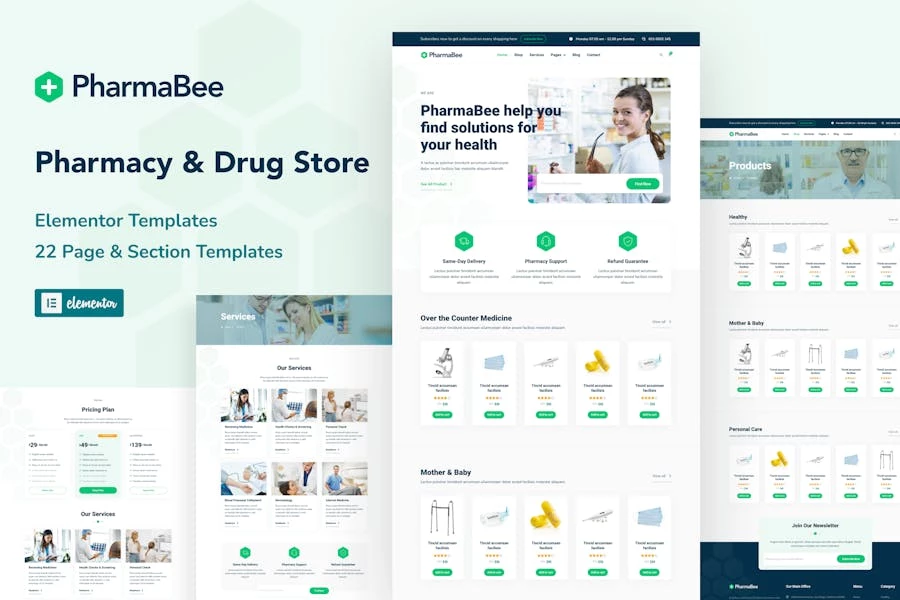 PharmaBee - Kit de plantillas Elementor para sitios web de farmacias y droguerías