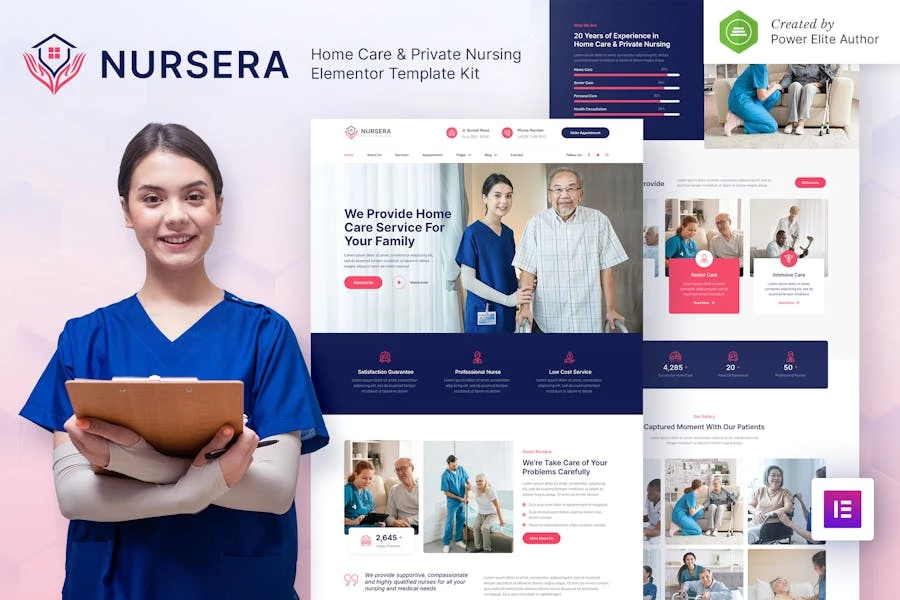 Nursera - Template Kit Elementor para servicios de enfermería privados y cuidados en el