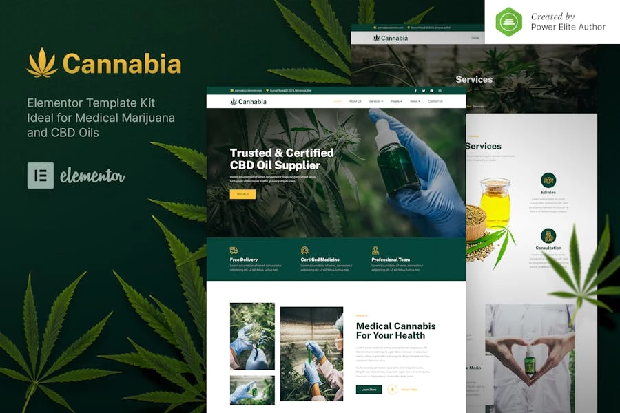 Cannabia ? Kit de plantillas Elementor de marihuana medicinal y aceite de CBD