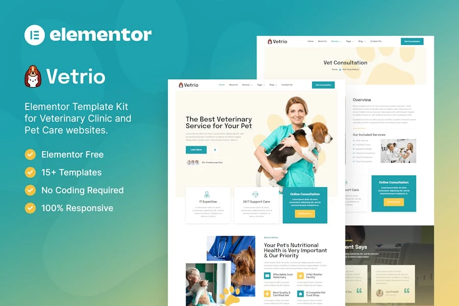 Vetrio - Template Kit Elementor para clínica veterinaria y cuidado de mascotas
