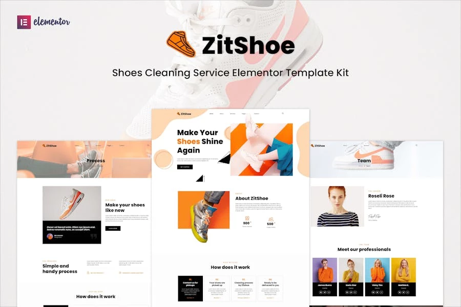 Zitshoe - Kit de plantillas Elementor para servicio de limpieza de zapatos