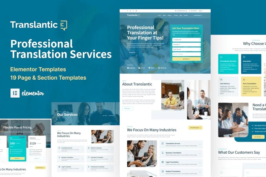 Translantic - Kit de plantillas Elementor para agencia de servicios de traducción