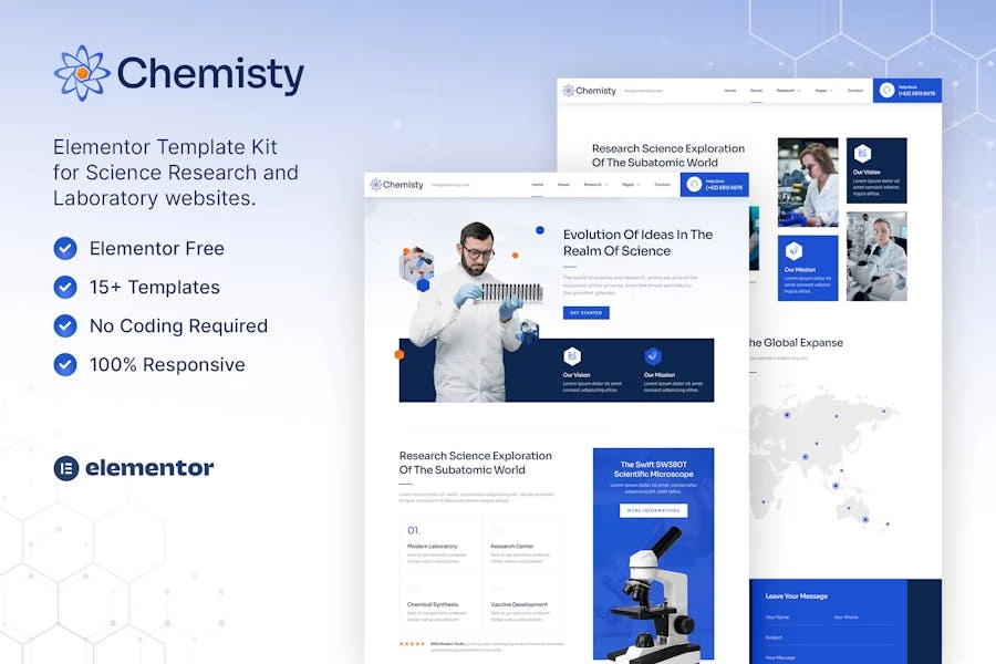 Chemisty ? Kit de plantillas Elementor para investigación científica y laboratorio