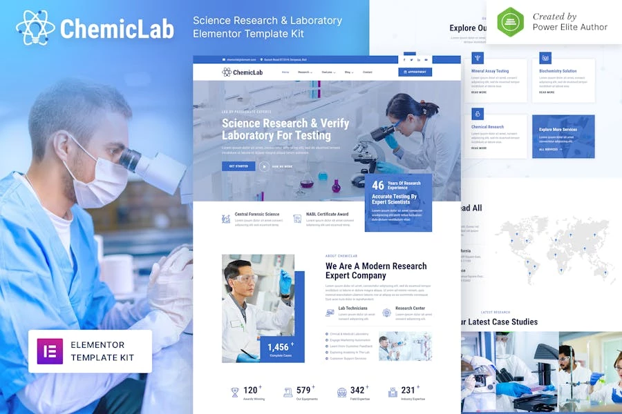 ChemicLab ? Template Kit Elementor de laboratorio e investigación científica