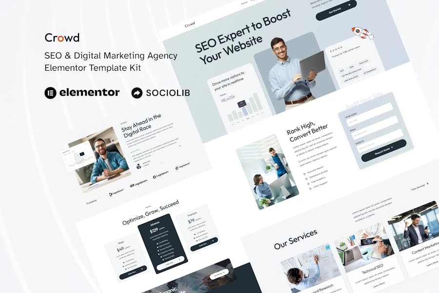 Crowd: Kit de plantillas Elementor para agencias de marketing digital y SEO
