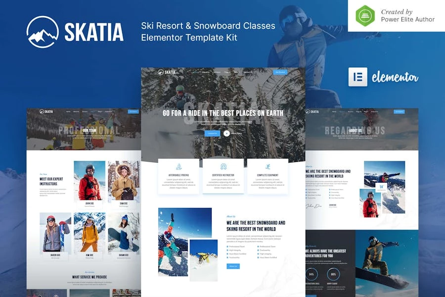 Skatia - Kit de plantillas Elementor para estaciones de esquí y clases de snowboard