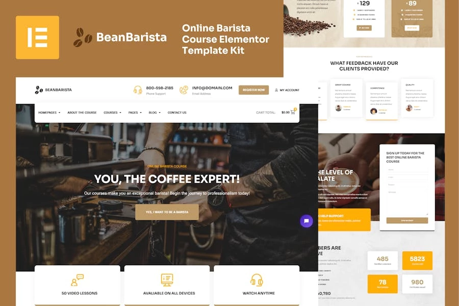 Bean Barista - Template Kit Elementor para cursos de barista en