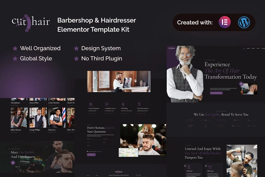 Cuthair - Kit de plantillas Elementor Pro para barbería y peluquería