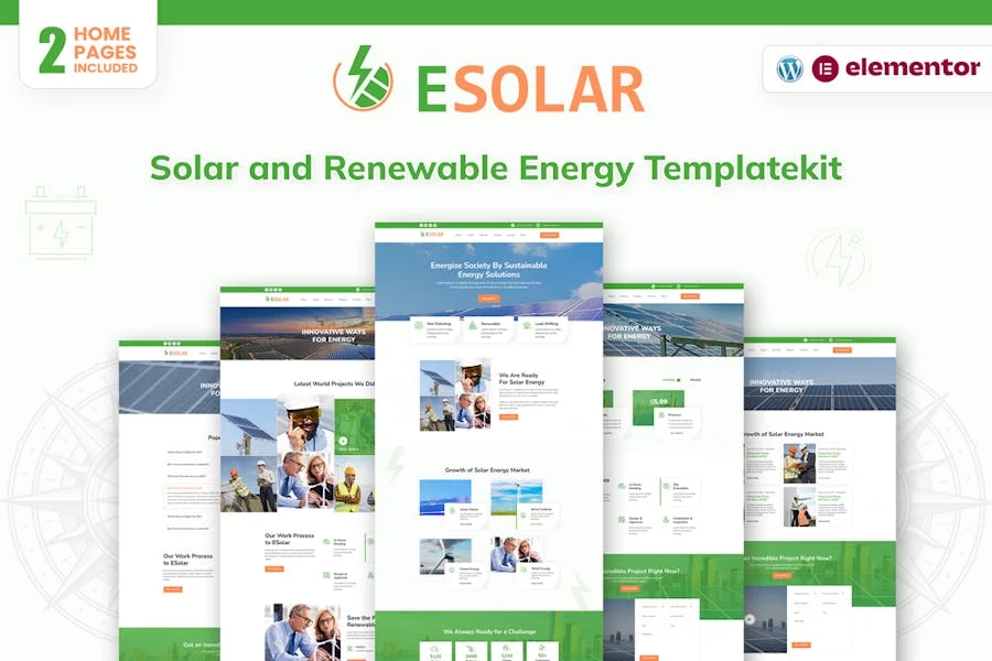 eSolar - Template Kit Elementor para servicios de energía eólica y solar