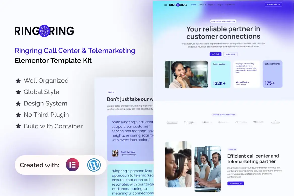 Ringring - Kit de plantillas Elementor Pro para call center y telemarketing