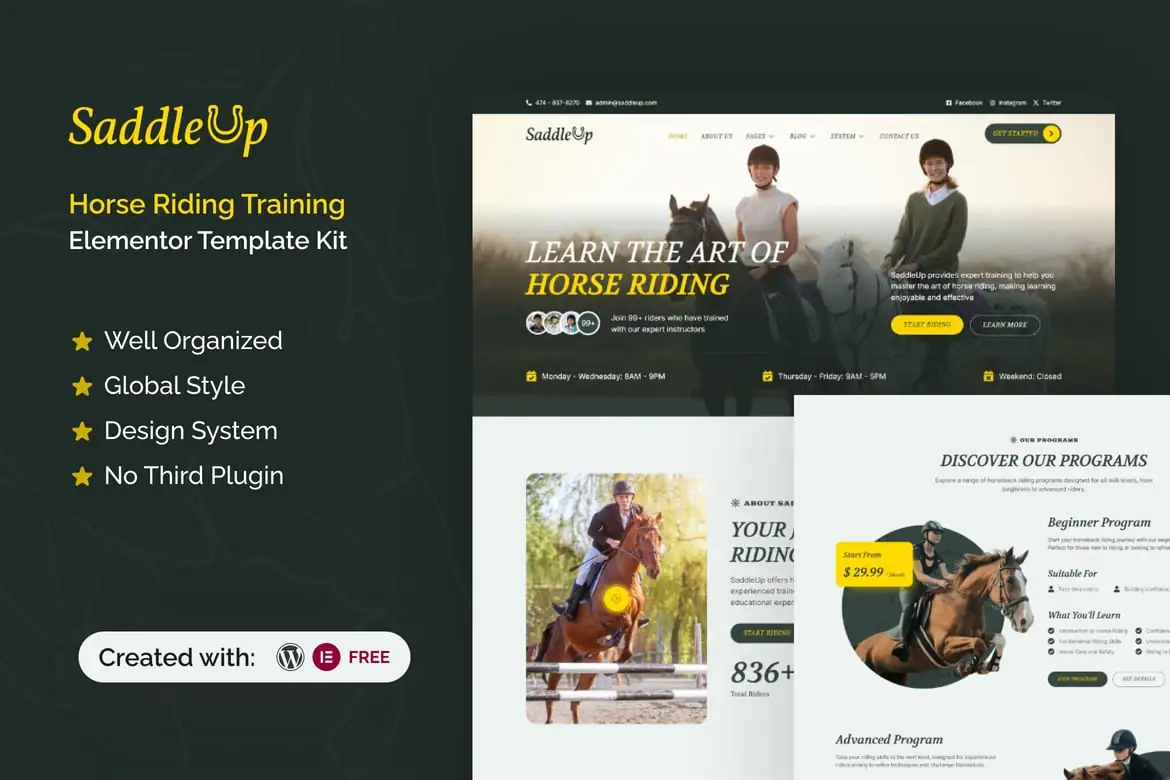SaddleUp - Kit de plantillas Elementor para entrenamiento de equitación