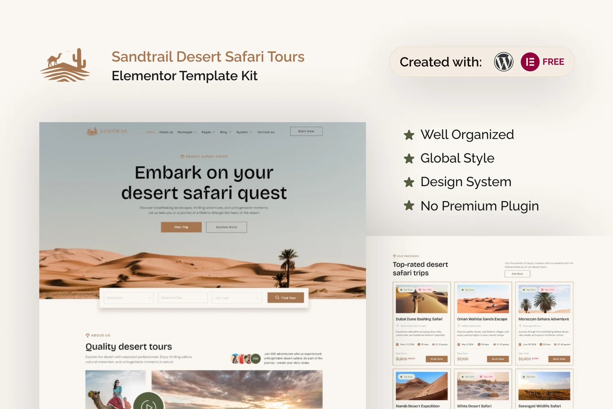 Sandtrail - Kit de plantillas Elementor para Desert Safari Tours