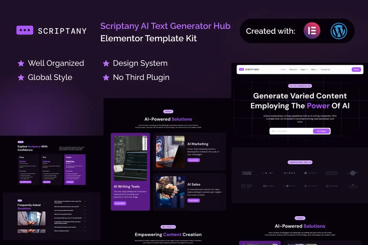 Scriptany - Kit de plantillas Elementor Pro para AI Text Generator Hub