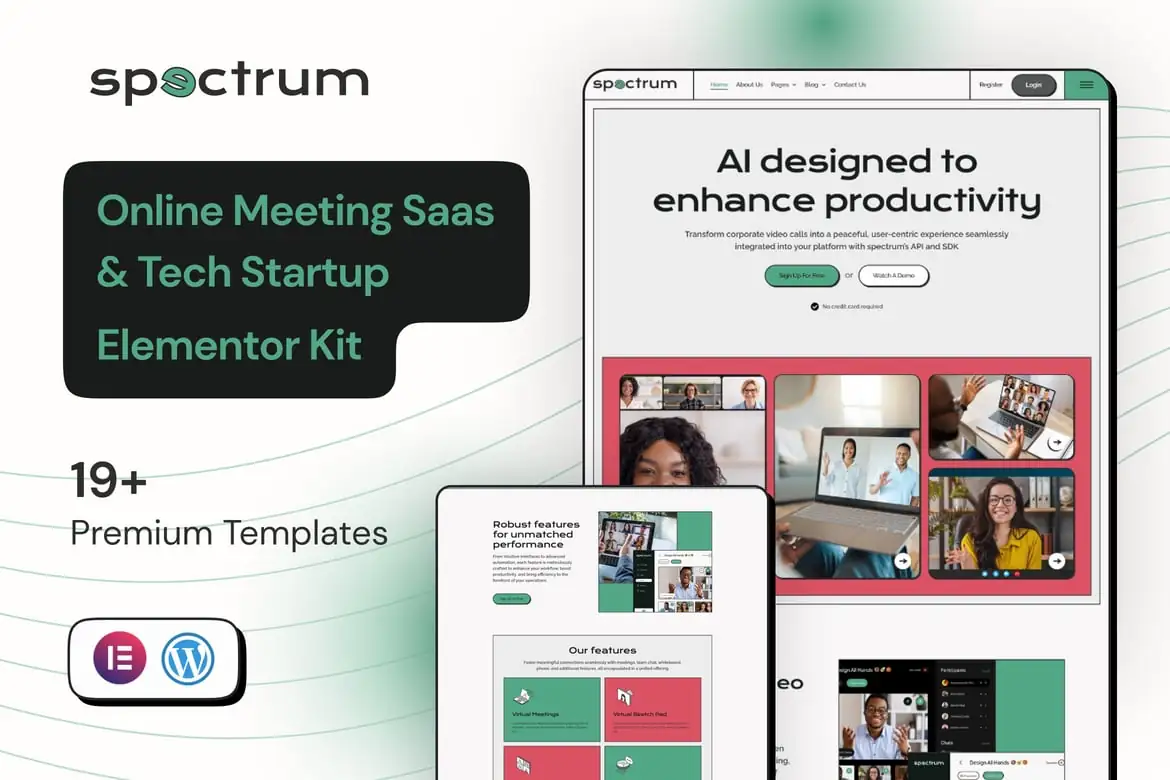Spectrum - Kit de plantillas Saas Elementor Pro para reuniones en línea