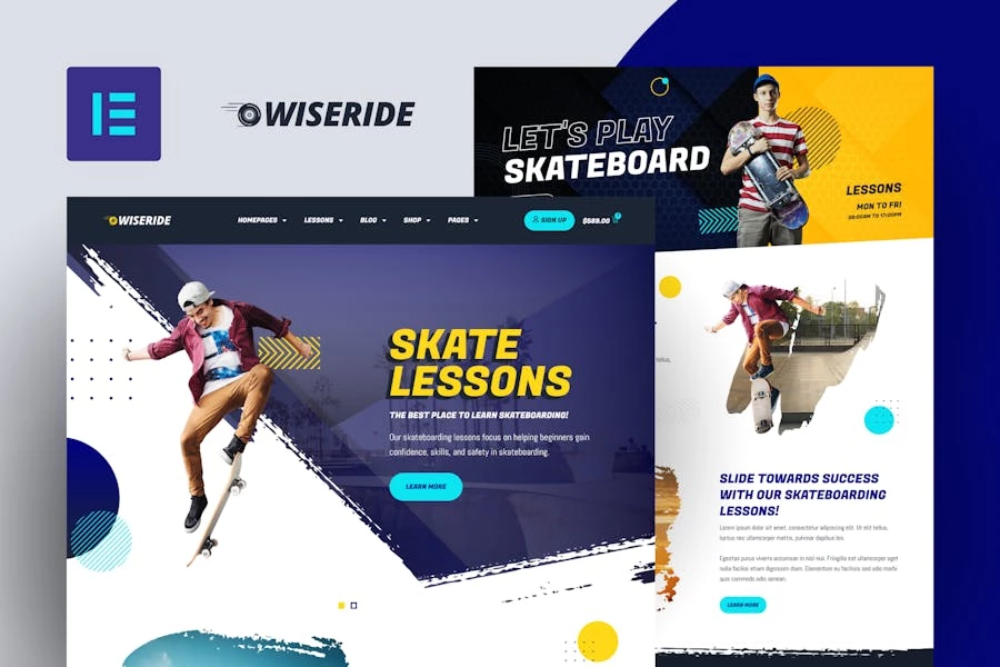 WiseRide - Kit de plantillas Elementor para clases de skate