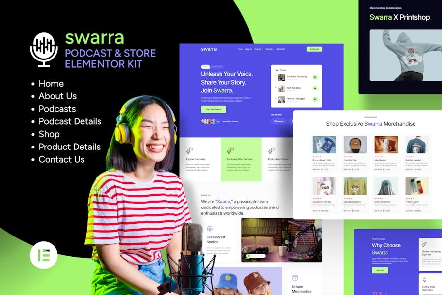Swarra - Kit de plantillas para streaming de podcasts y tienda de artículos promocionales