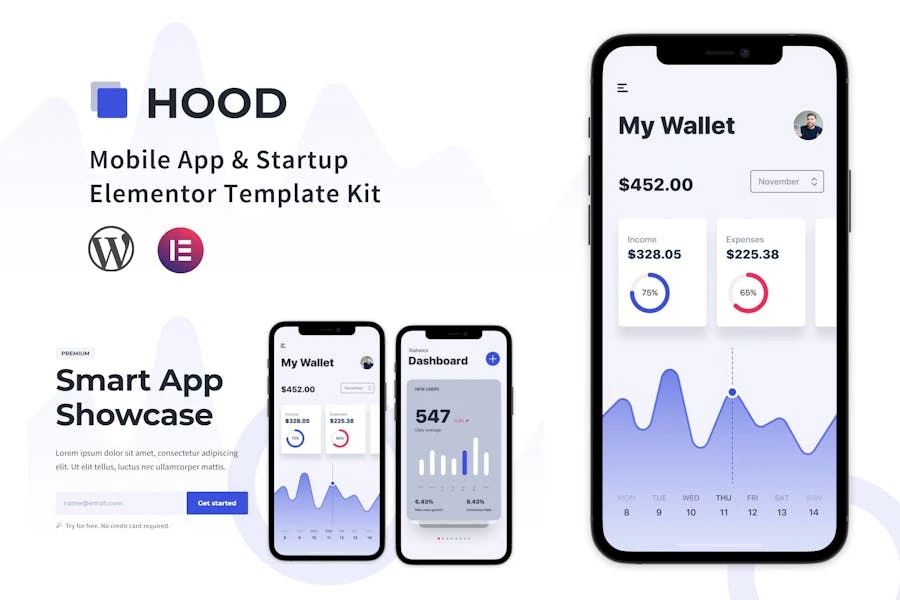 Hood - Template Kit Elementor para Aplicación móviles y startups