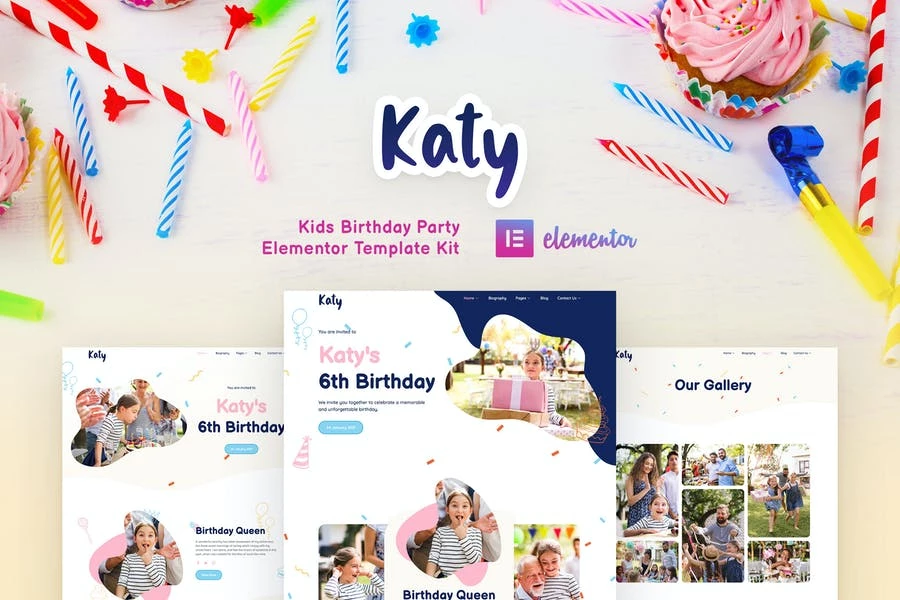 Katy - Planificador de fiesta de cumpleaños para niños y Template Kit de invitación Elementor