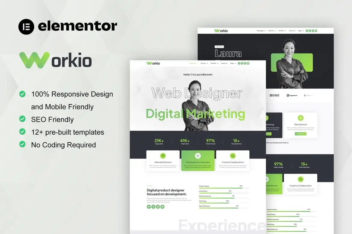 Workio - Kit de Plantillas Elementor para Porfolios Creativos y Servicios Digitales