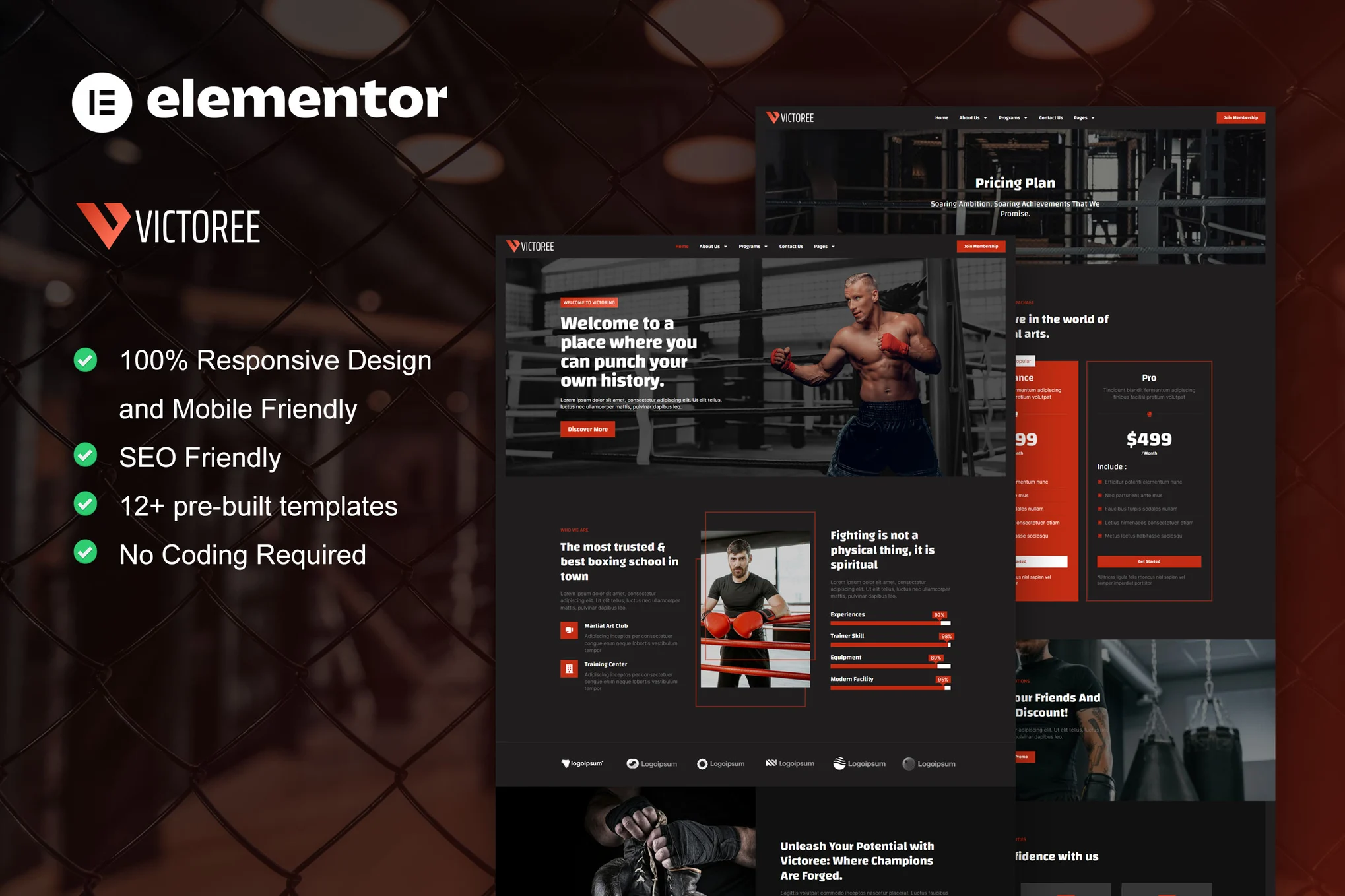 Victoree - Kit de plantillas Elementor Pro para escuelas de boxeo y artes marciales