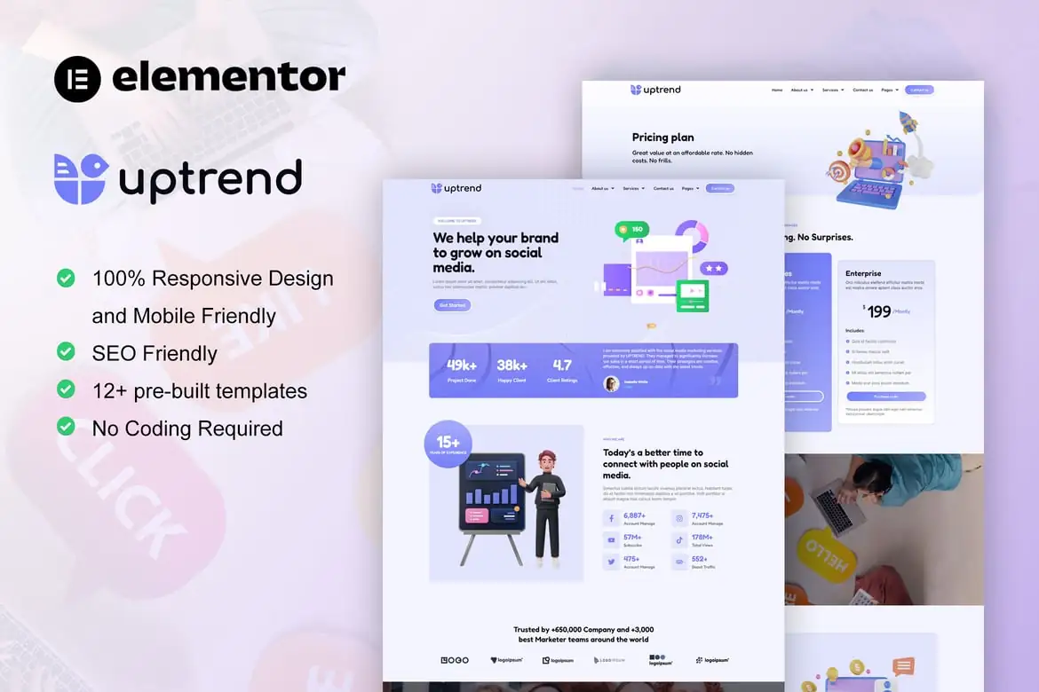 UpTrend - Kit de plantillas Elementor para agencia de marketing en redes sociales