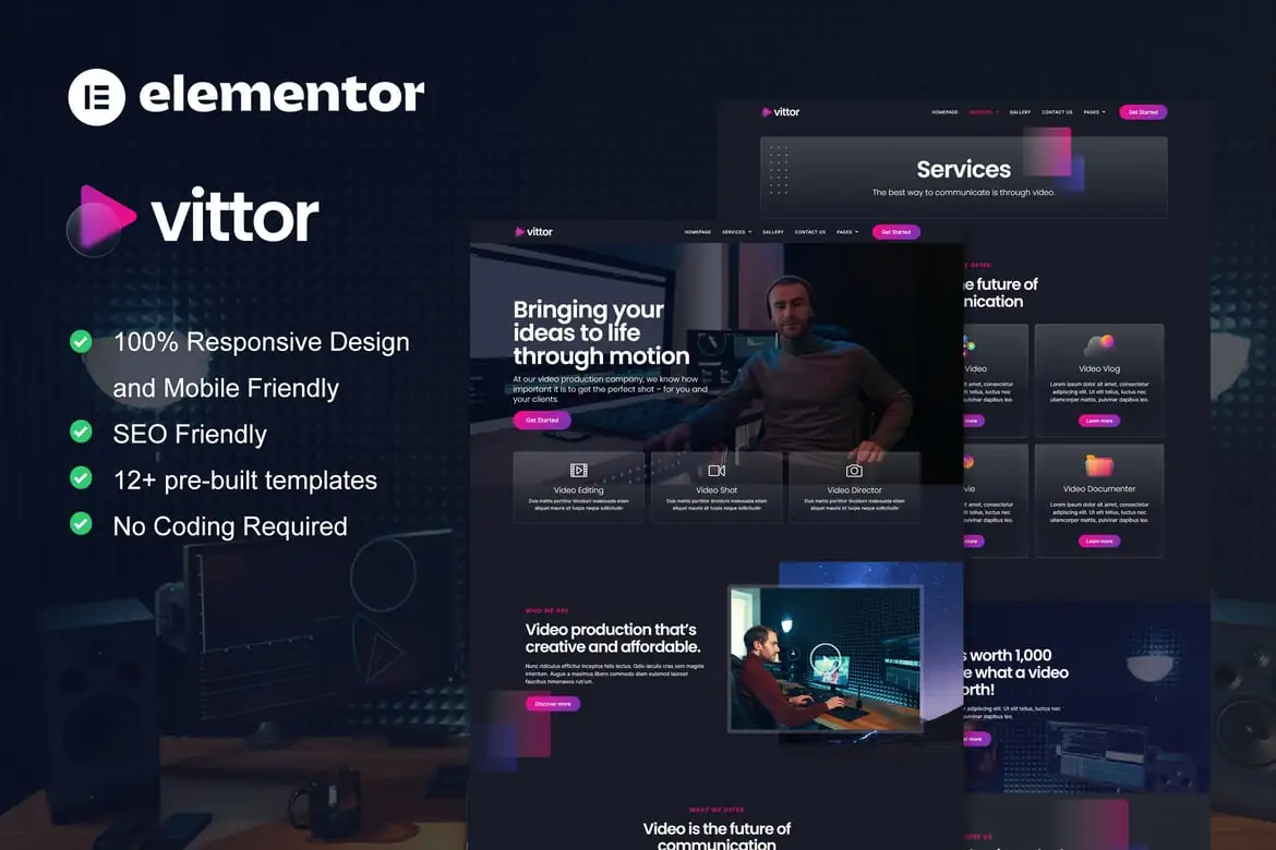 Vittor - Template Kit Elementor Pro para el servicio de producción de vídeo