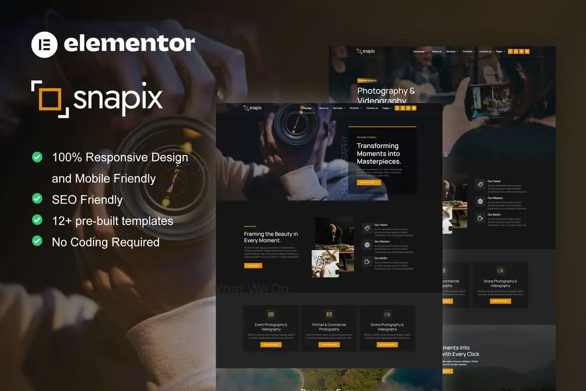 Snapix - Kit de plantillas Elementor para servicios de fotografía y videografía