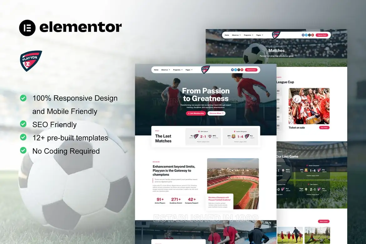 Playyon - Kit de plantillas Elementor Pro para equipos de fútbol y academia deportiva