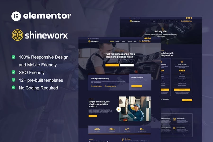 ShineWorx - Template Kit Elementor Pro para servicio de limpieza de automóviles y reparación de automóviles