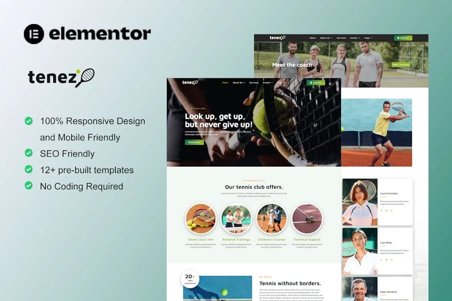 Tenez - Template Kit Elementor de escuela de tenis y club