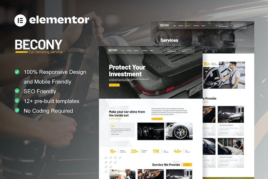 Becony - Template Kit Elementor para servicios de detalle de automóviles y reparación de automóviles
