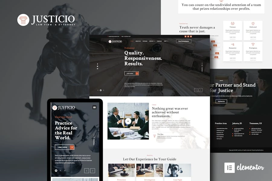 Justicio - Kit de plantillas Elementor para bufete de abogados y abogados