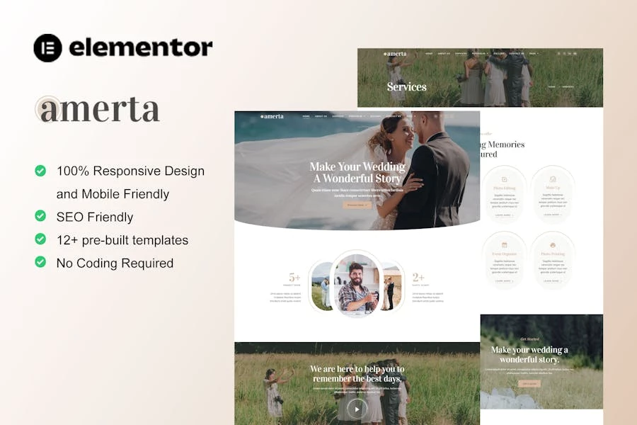 Amerta - Template Kit Elementor para servicio de fotografía de bodas