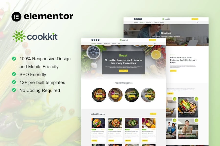 Cookkit - Kit de plantillas Elementor Pro para el servicio de recetas alimentarias y nutrición