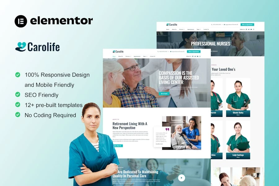 Carolife - Template Kit Elementor para servicios de atención domiciliaria y servicios de enfermería privados