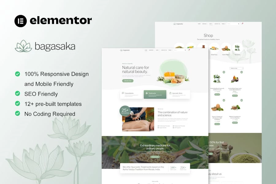 Bagasaka - Template Kit Elementor Pro para tratamiento ayurvédico y tienda WooCommerce