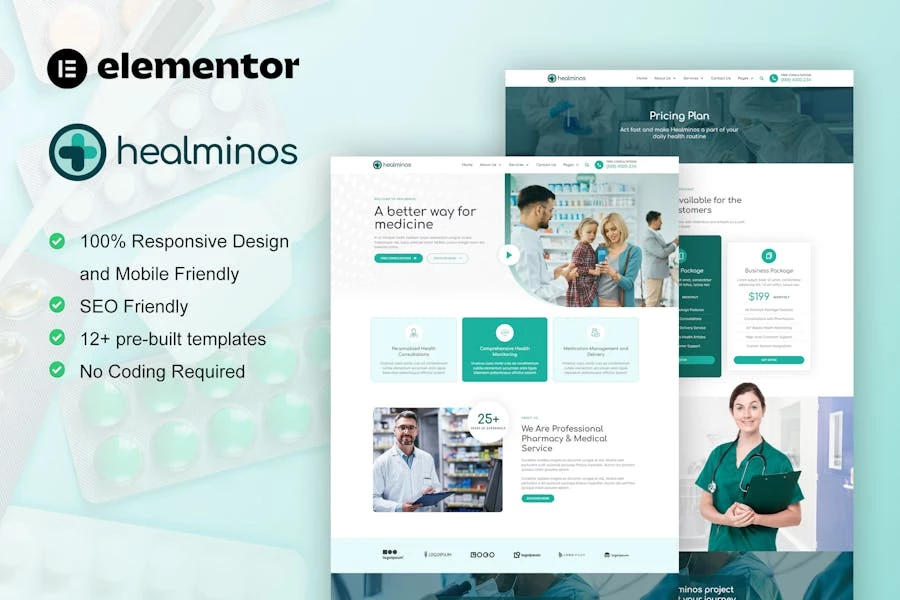 Healminos - Kit de plantillas Elementor para servicios médicos y de farmacia
