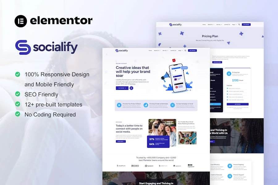 Socialify - Kit de plantillas Elementor Pro para agencia de marketing en redes sociales