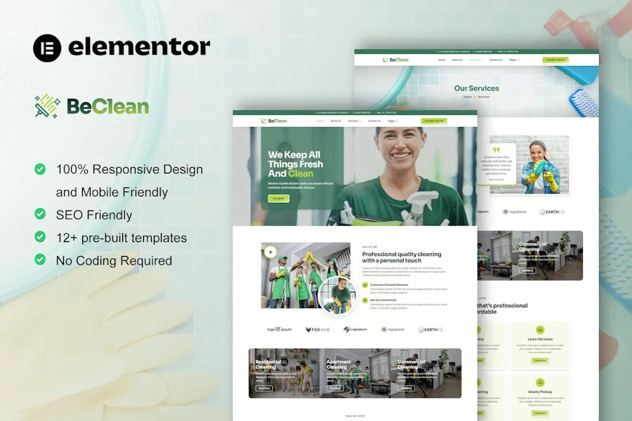 BeClean - Kit de plantillas Elementor Pro para empresas de servicios de limpieza