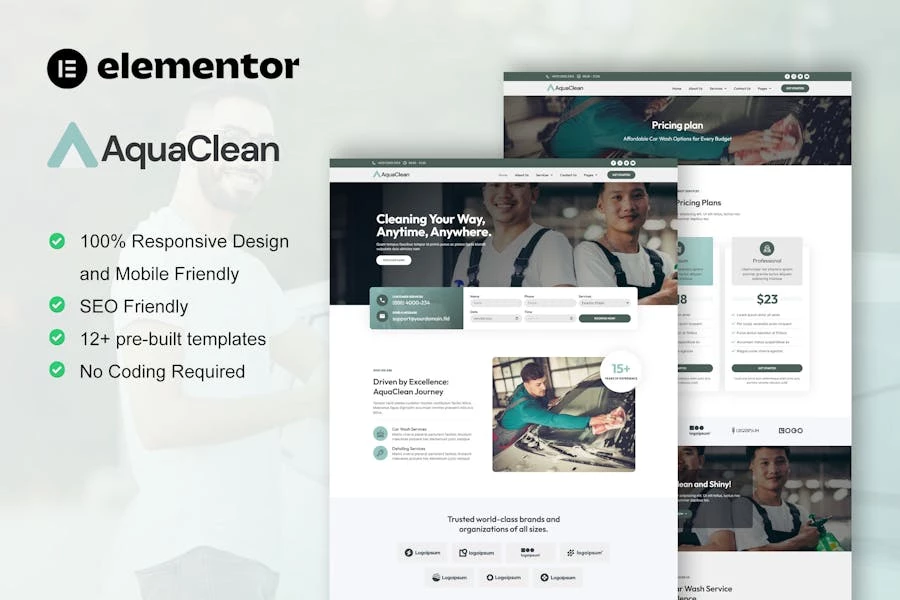 AquaClean - Kit de plantillas Elementor para servicios de lavado y limpieza de automóviles