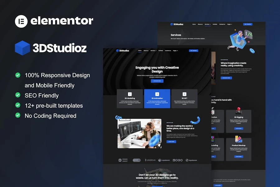 3dstudioz - Template Kit Elementor para estudio de diseño y animación 3D