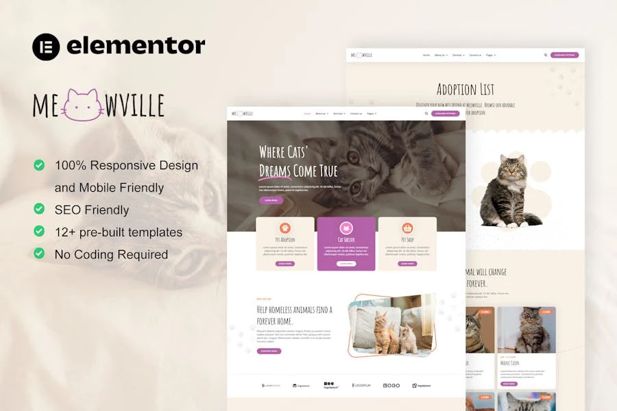 MeowVille - Template Kit Elementor para refugios de animales y criadores de gatos