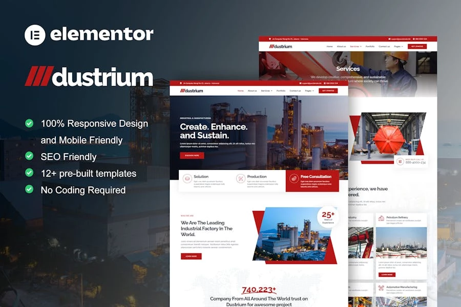 Dustrium - Template Kit Elementor Pro para aplicaciones industriales y de fabricación