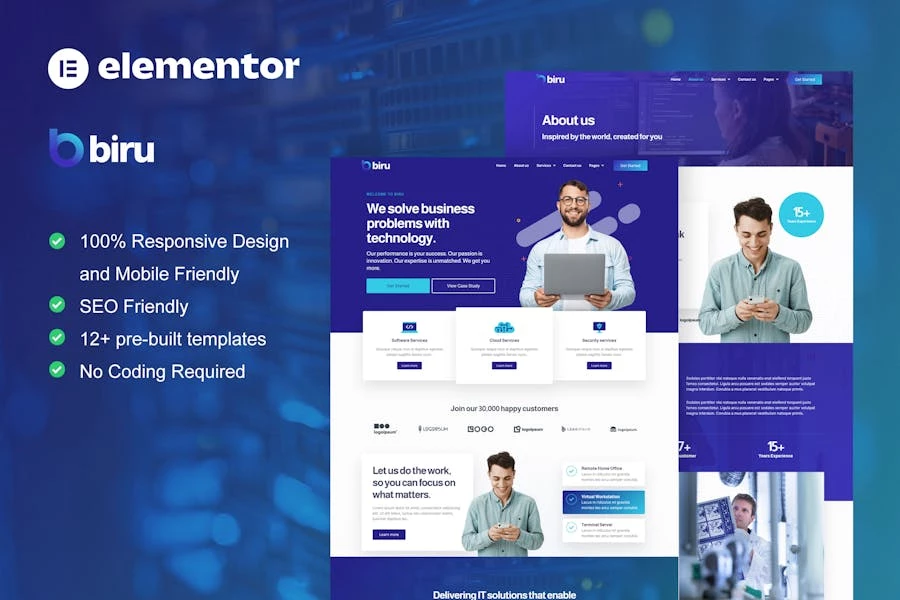Biru - Template Kit de sitio completo de IT Services Elementor Pro